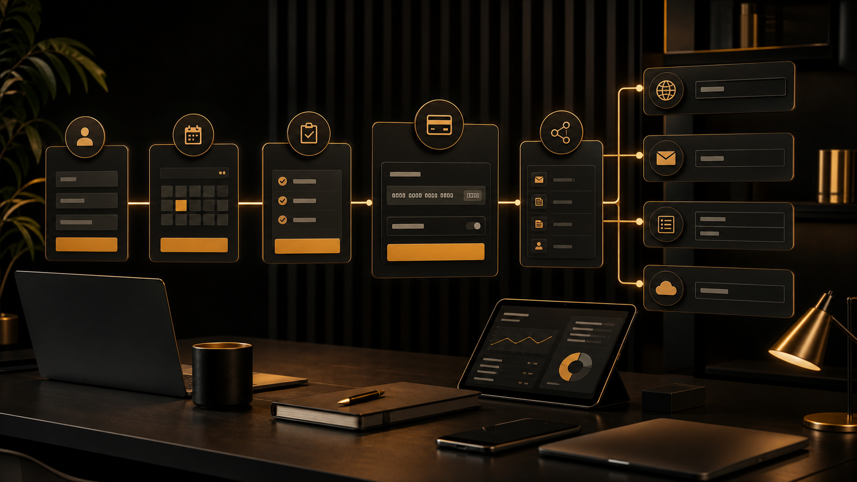 Connected dark business workflow showing inquiry, scheduling, forms, payment, email, and reporting