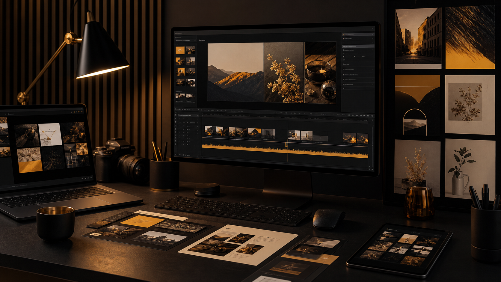 Dark premium content studio with video editing, brand layouts, and creative tools