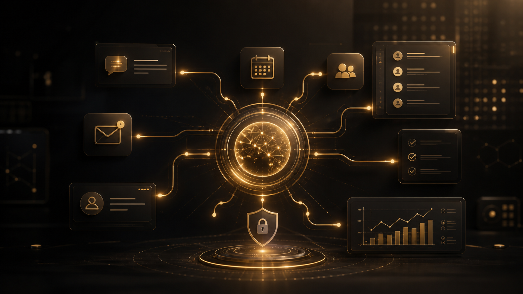 Premium dark AI agent workspace with gold automation core connected to CRM, inbox, calendar, and reporting systems