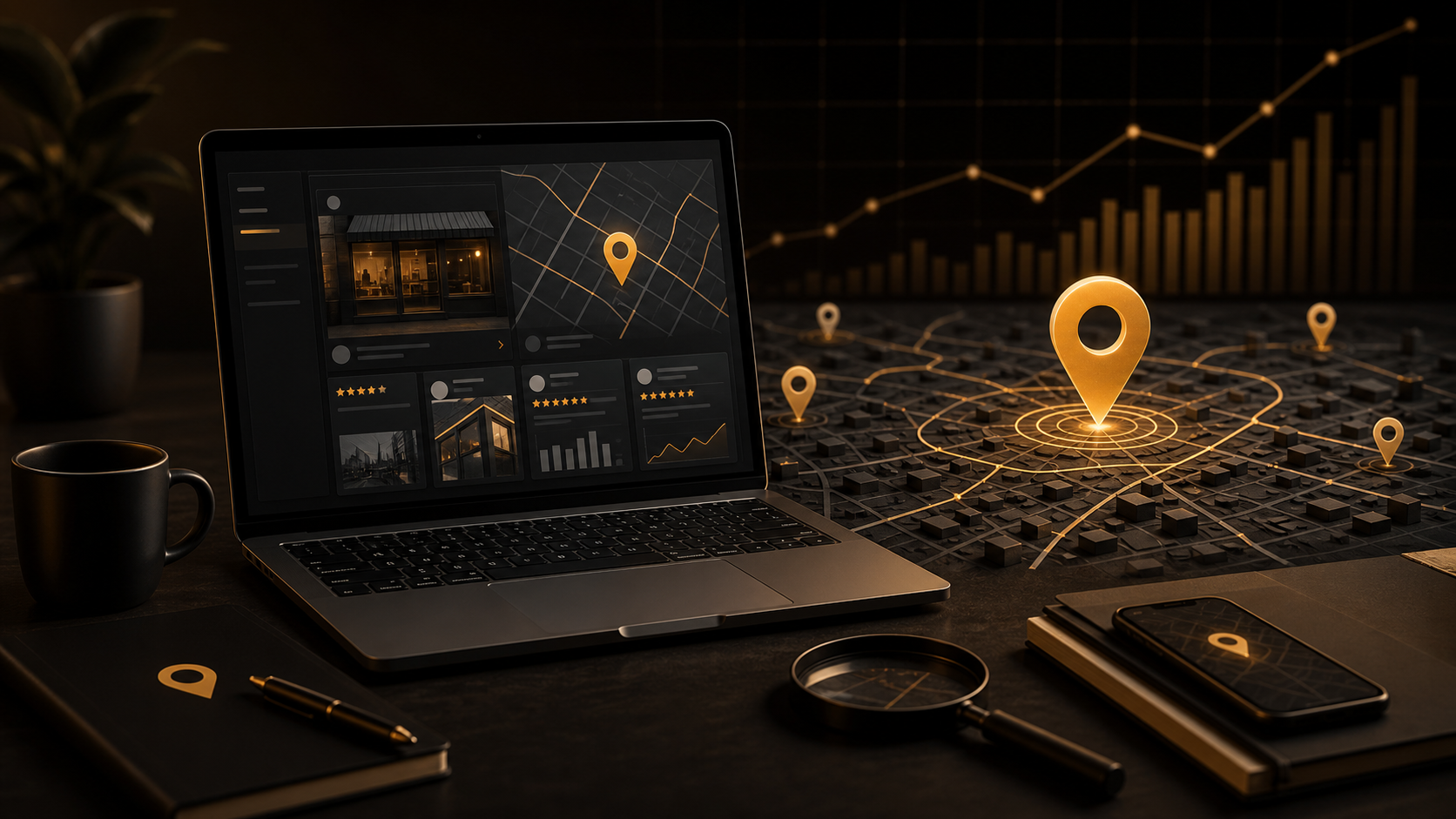 Dark city map with gold location markers and local search analytics