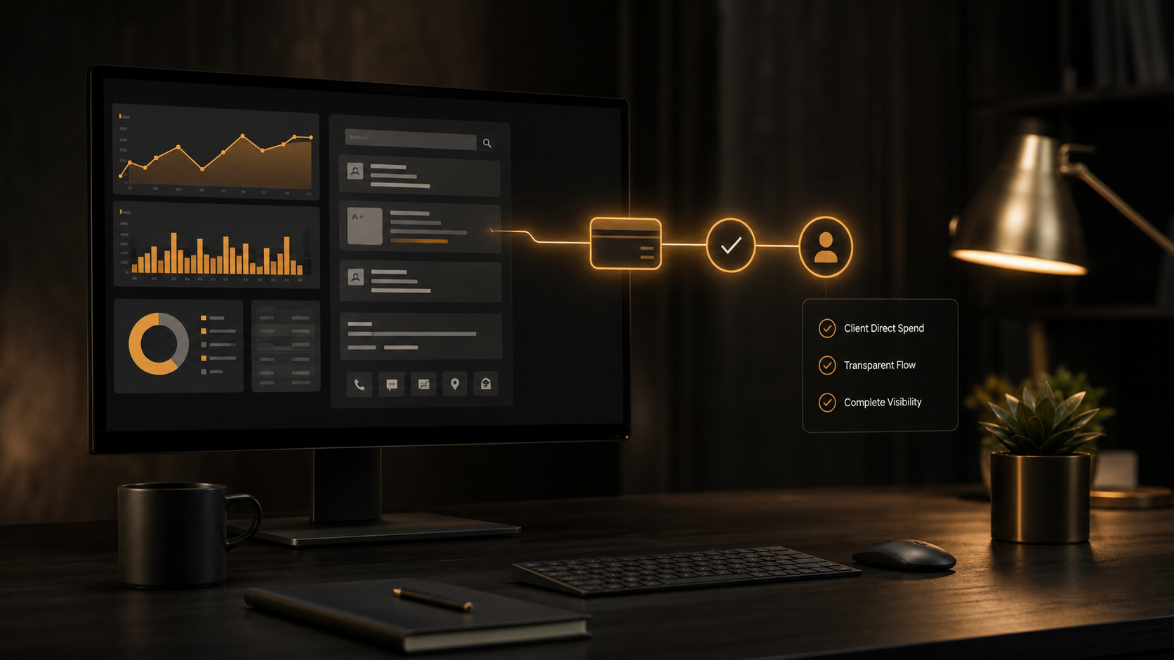 Dark professional advertising analytics workspace with warm gold performance graphics