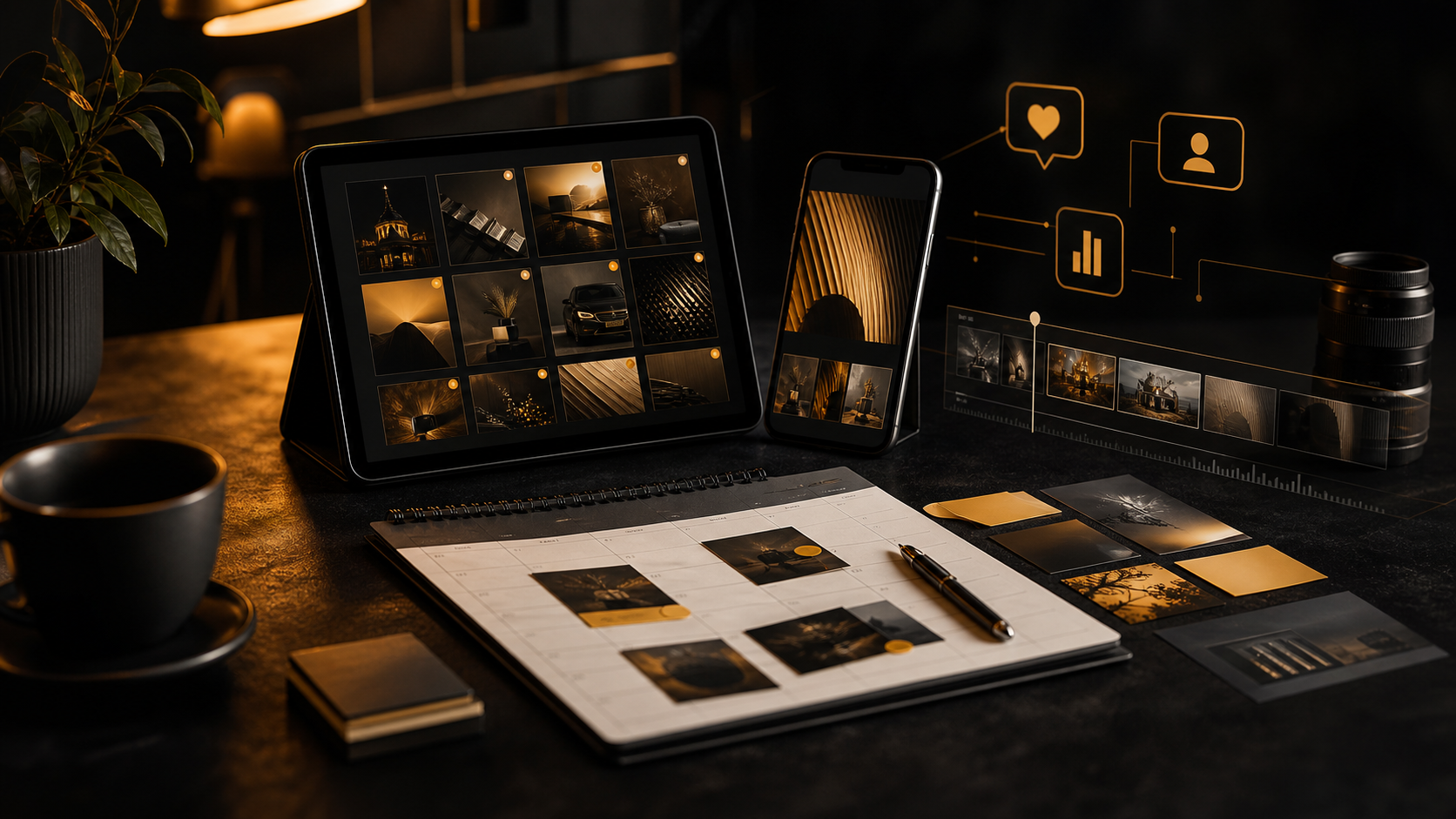 Premium dark content-planning studio with devices, calendar, and video-editing tools