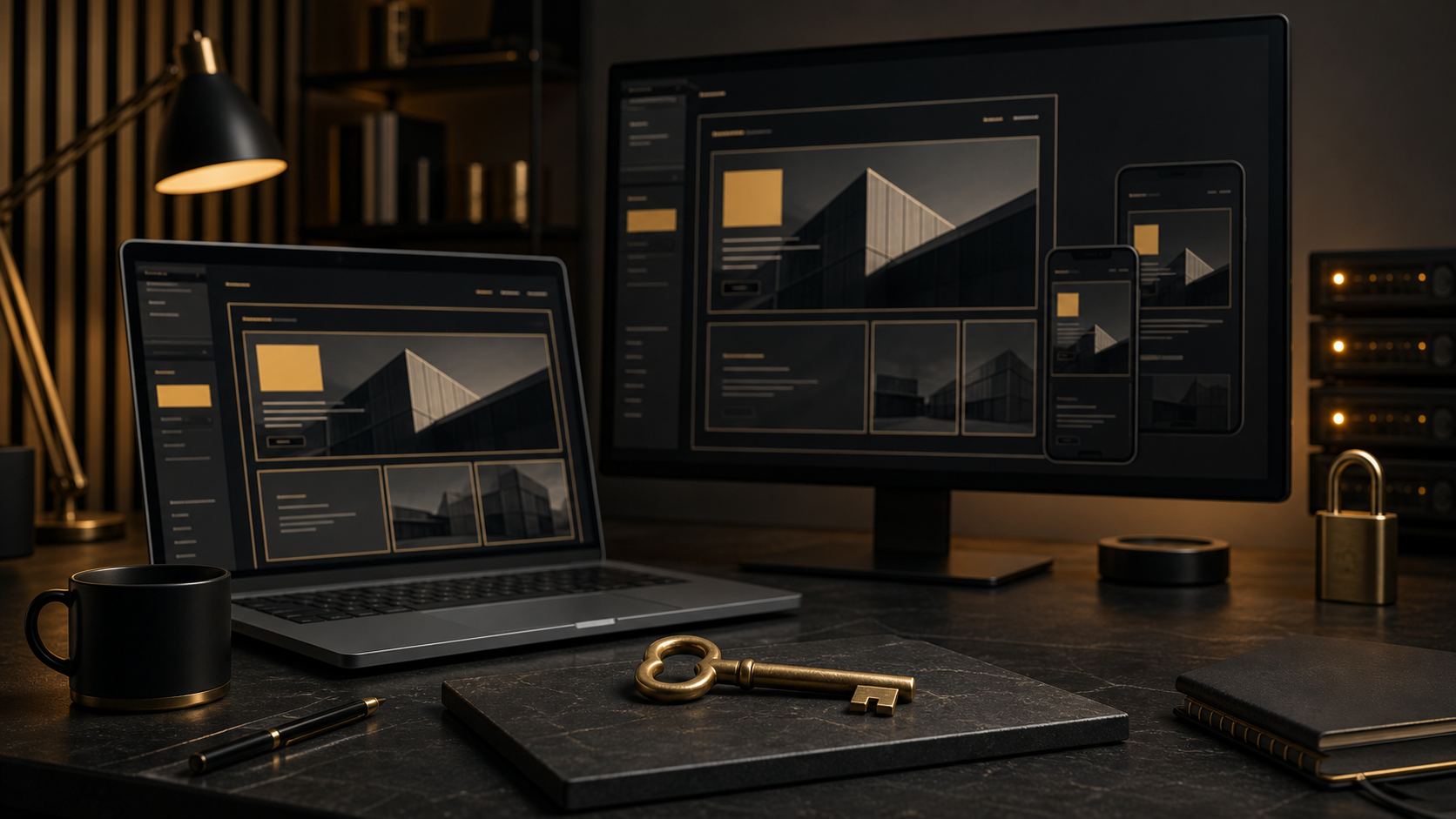 Dark premium web design studio with responsive website layouts and a brass key representing client ownership